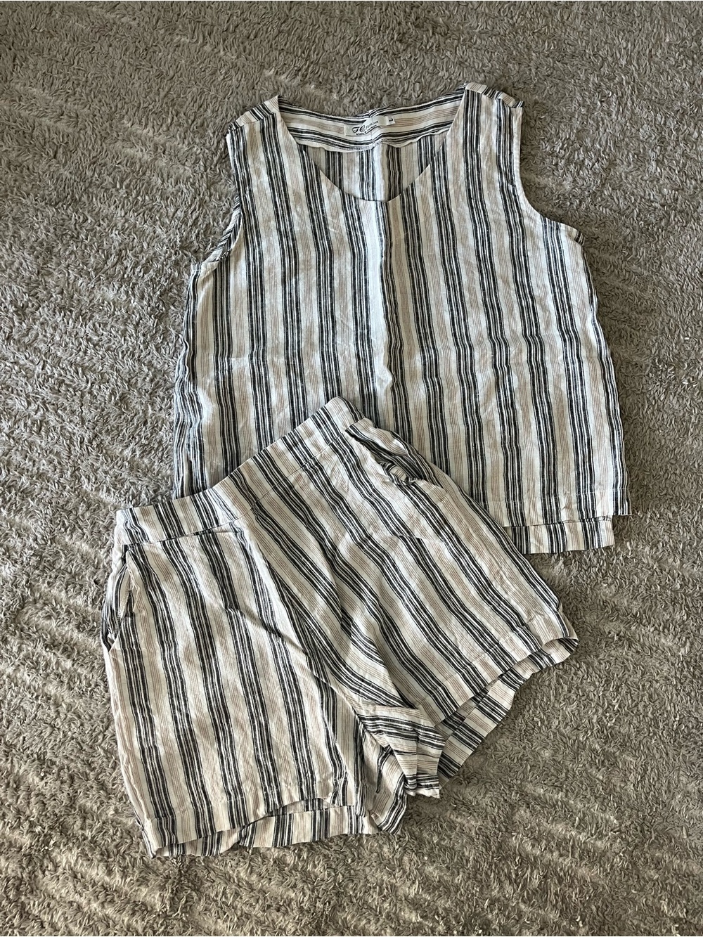 Striped Linen Tank and Shorts Set in Cream and Black